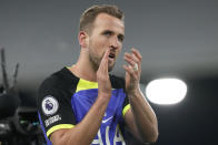 Tottenham's Harry Kane greets supporters after the English Premier League soccer match between Fulham and Tottenham Hotspur at the Craven Cottage Stadium in London, Monday, Jan. 23, 2023. (AP Photo/Frank Augstein)