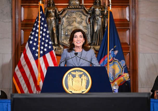 PHOTO: New York Gov. Kathy Hochul speaks to reporters about legislation passed during a special legislative session, in the Red Room at the state Capitol, July 1, 2022, in Albany, N.Y.  (Hans Pennink/AP)