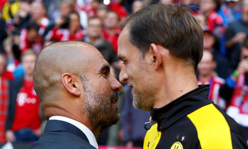 Pep Guardiola of Bayern Munich with Thomas Tuchel of Borussia Dortmund in October 2015