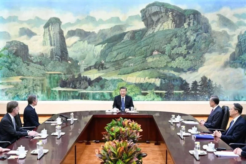 Chinese President Xi Jinping (C) meets with U.S. Secretary of State Antony Blinken (2L) at the Great Hall of the People in Beijing on Friday. Blinken paid a three-day visit to China. Photo by Shen Hong/EPA-EFE/XINHUA