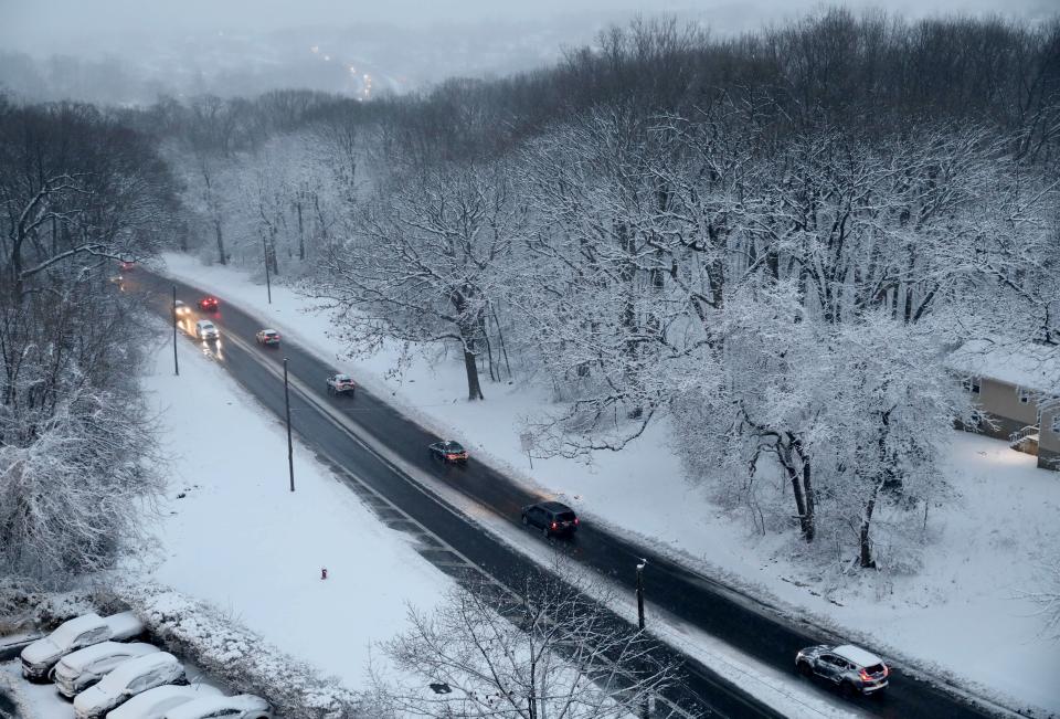 The overnight snow created a winter wonderland as early morning commuters travel along the Rumsey Road access road to the Saw Mill River and Cross County Parkways in Yonkers, Feb. 28, 2023.