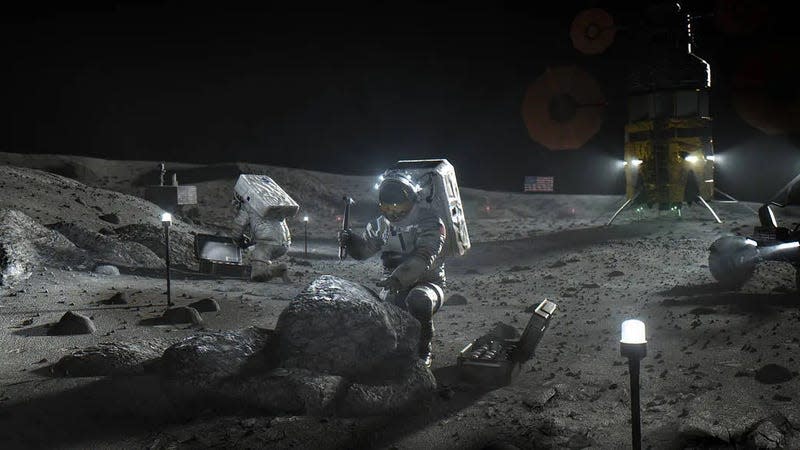 The Artemis program will see a human NASA crew land on the lunar surface. - Illustration: <a class="link " href="https://www.nasa.gov/image-article/illustration-of-artemis-astronauts-moon/" rel="nofollow noopener" target="_blank" data-ylk="slk:NASA;elm:context_link;itc:0;sec:content-canvas">NASA</a>