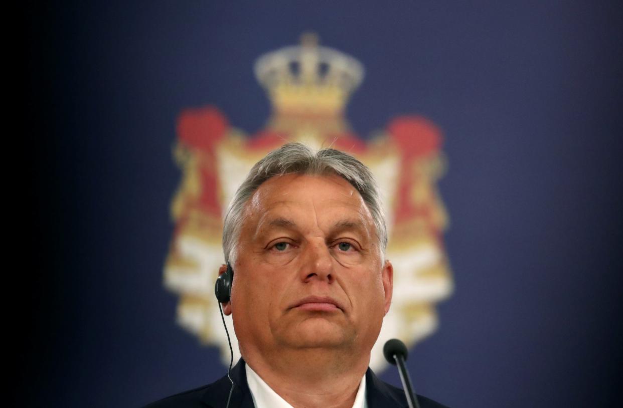 Hungarian Prime Minister Viktor Orban attends a news conference with Serbian President Aleksandar Vucic at the presidential building in Belgrade: Reuters