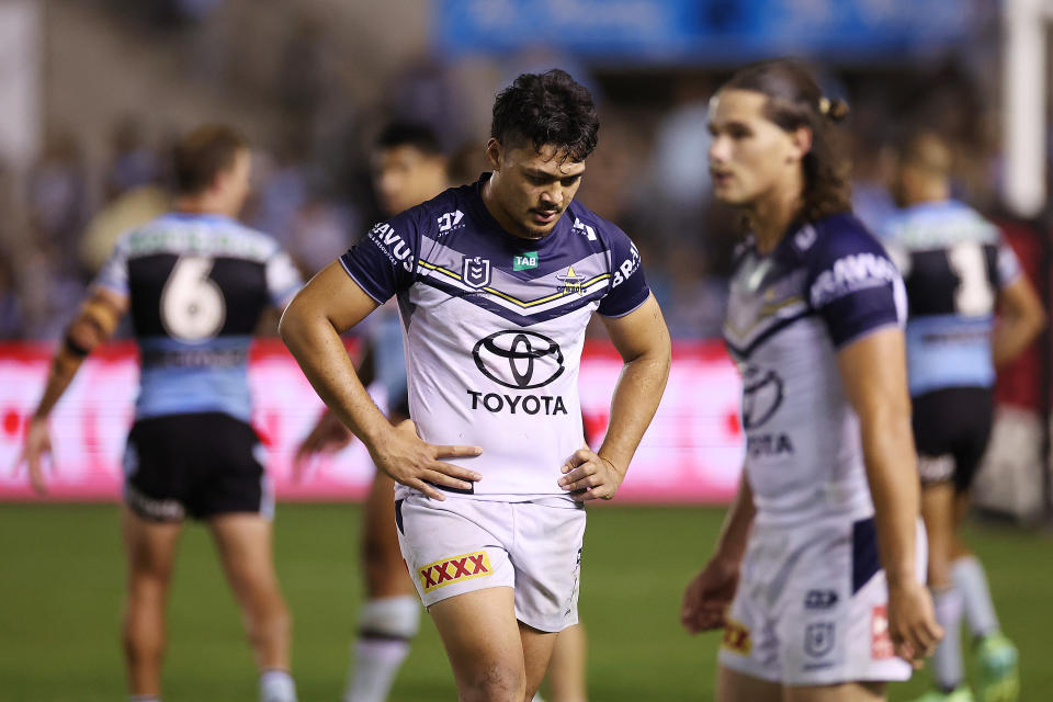 Seen here, Cowboys star Jeremiah Nanai walks off to the sin bin after a hip-drop tackle on Cronulla's Braden Hamlin-Uele in round nine of the NRL.