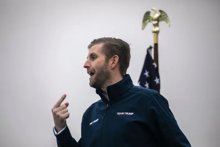 President Donald Trump's son Eric Trump addresses supporters at a rally in October 2020.