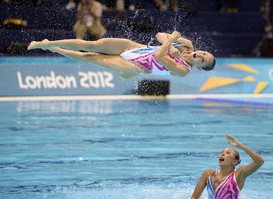 The team from China competes during the synchronized swimming team free routine final at the Aquatics Centre in the Olympic Park during the 2012 Summer Olympics in London, Friday, Aug. 10, 2012. China took the silver medal in the event. (AP Photo/Mark J. Terrill)