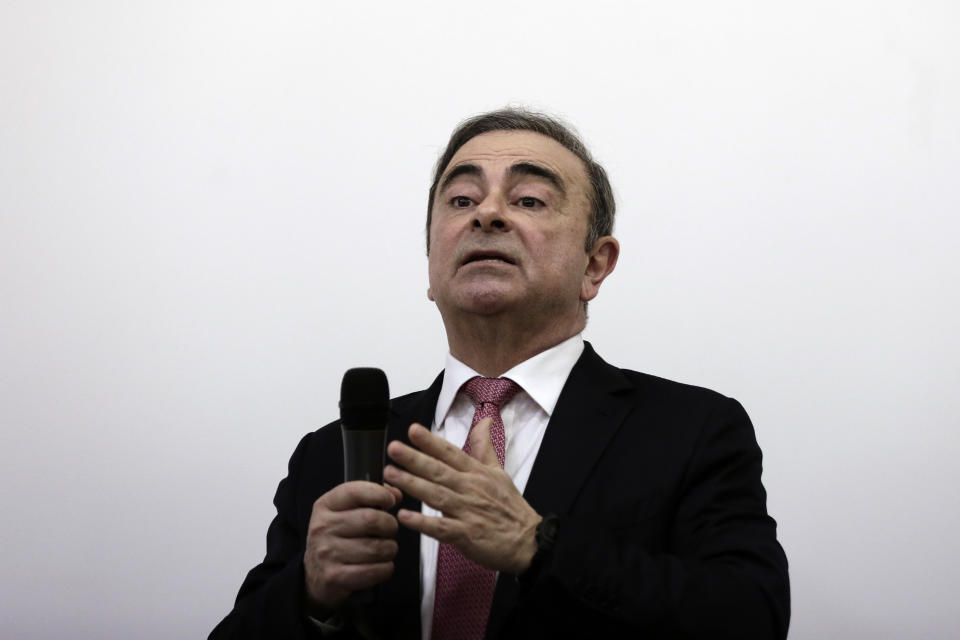 Nissan's former chairman Carlos Ghosn speaks at a press conference in Beirut, Lebanon, Wednesday, Jan. 8, 2020. (AP Photo/Maya Alleruzzo)