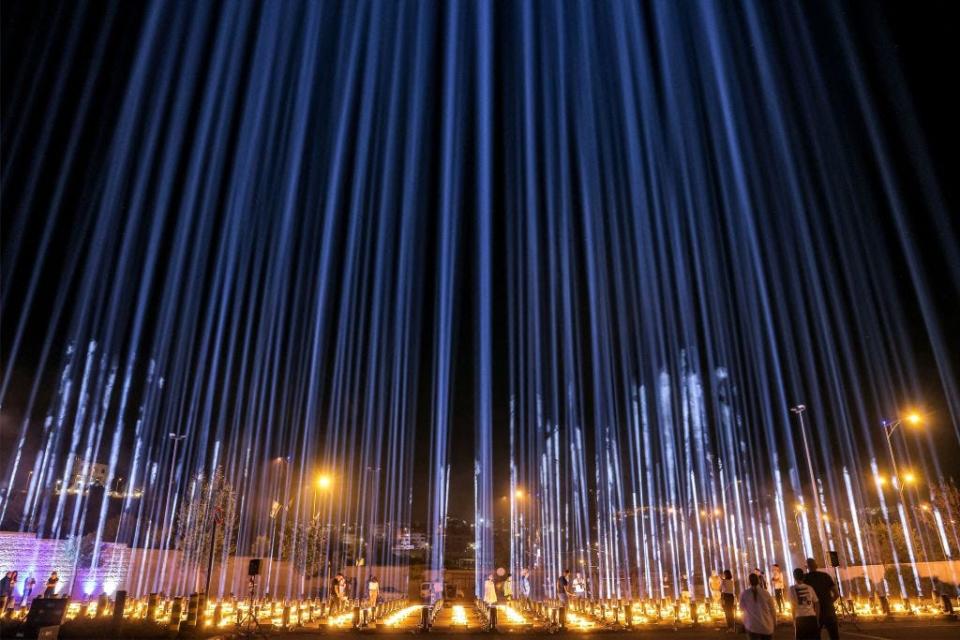 A light installation in Jerusalem featuring beams of light for each hostage held by Hamas