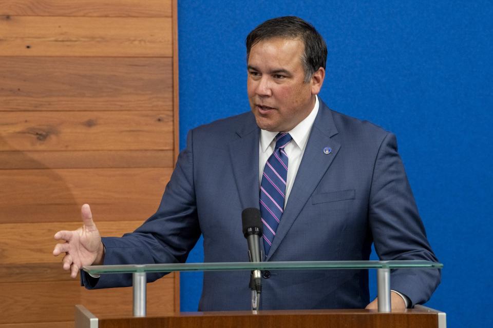 Columbus Mayor Andrew J. Ginther addresses media about ongoing and new initiatives to curb violence in the city during a news conference on Oct. 22, 2020 at the Michael B. Coleman Government Center in Columbus.