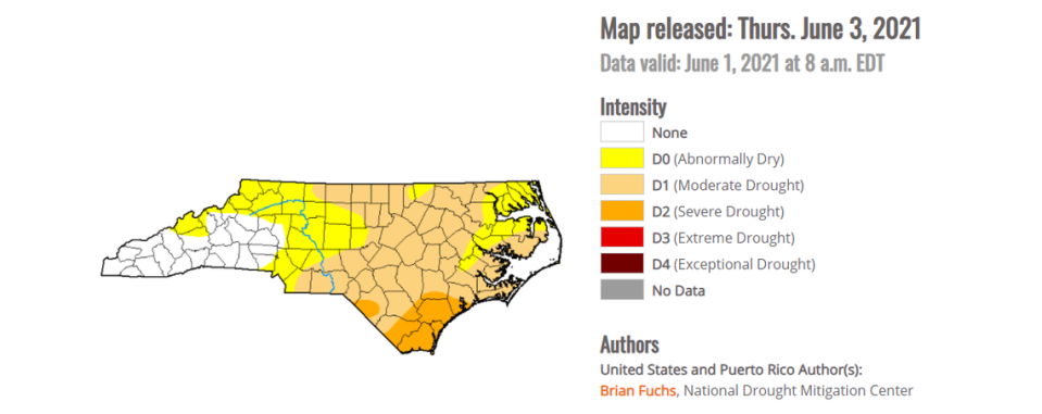 Except for a tiny sliver at Lake Norman, Mecklenburg County is ‘abnormally dry,’ according to the U.S. Drought Monitor map updated on Thursday, June 3, 2021. 