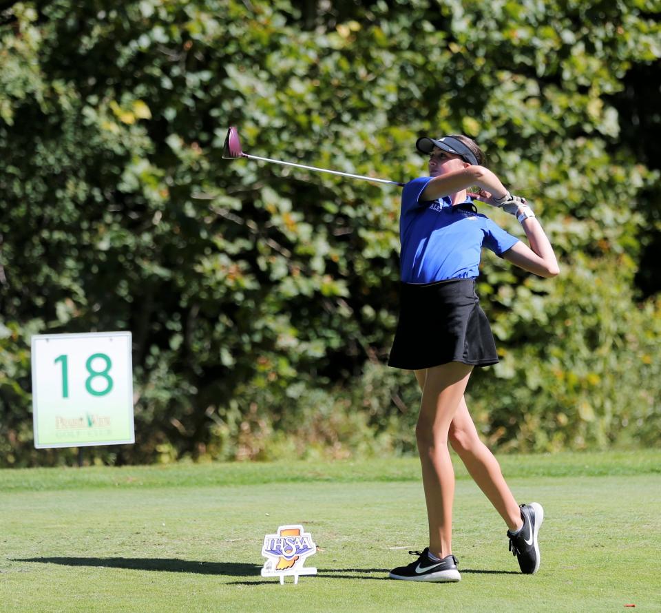 Centerville golfer Alex Goodwin takes a swing during the 2022 girls golf state tournament Sept. 30, 2022.