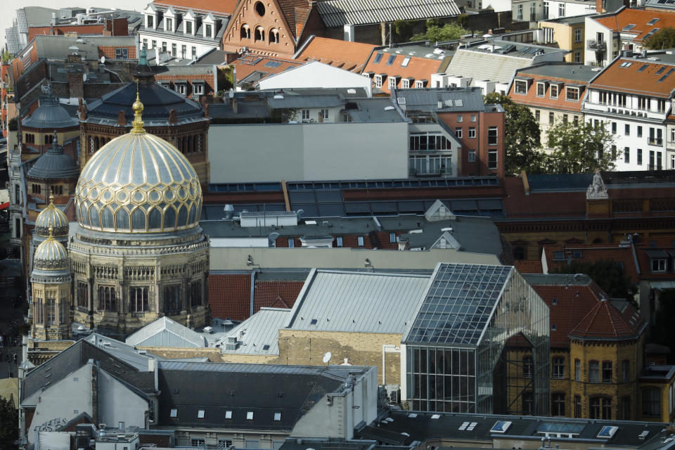 The New Synagogue, the Centrum Judicum is seen from the TV tower in Berlin , Germany, Thursday, Sept. 10, 2020. A new report documenting anti-Semitism in Berlin reveals that little progress has been made in combatting the problem in the German capital. The Department for Research and Information on Anti-Semitism Berlin, or RIAS documented 410 incidents in Berlin, more than two a day, in the first half of 2020, including physical attacks, property damage, threats, harmful behavior and anti-Semitic propaganda. (AP Photo/Markus Schreiber)