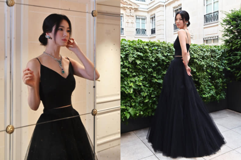 宋慧喬近期最多人討論的這套造型，兩截式的黑色洋裝