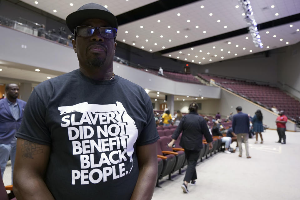 Anthony Durden attends a forum on Black history curriculum in Florida's schools, Thursday, Aug. 10, 2023, in Miami Gardens, Fla. (AP Photo/Daniel Kozin)