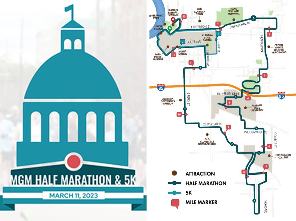 The routes for the Montgomery Half Marathon and 5K on March 11, 2023.