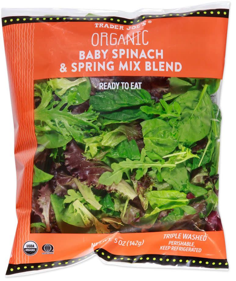 Bag of Trader Joe's organic spinach and spring mix blend