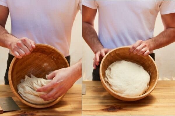 The Genuine Hospitality Group chef de cuisine shows a risen dough that's ready to be kneaded. (Photo: Sidney Bensimon)