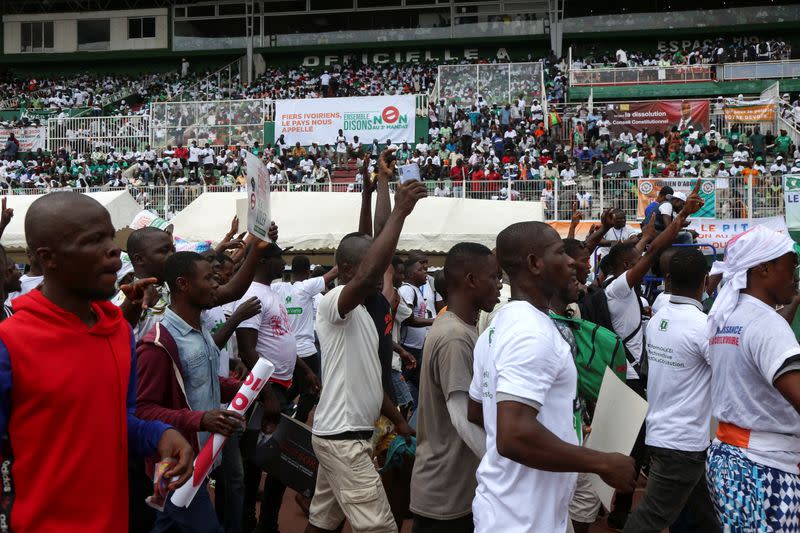 Supporters of Ivory Coast's opposition coalition parties gather during a stadium rally, in Abidjan