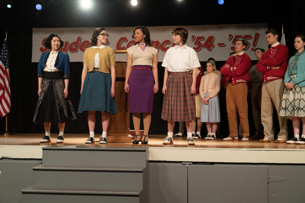 Nancy (Tricia Fukuhara) , Jane (Marisa Davila), Olivia (Cheyenne Wells), and Cynthia (Ari Notartomaso) in Grease: Rise of the Pink Ladies (Paramount+)