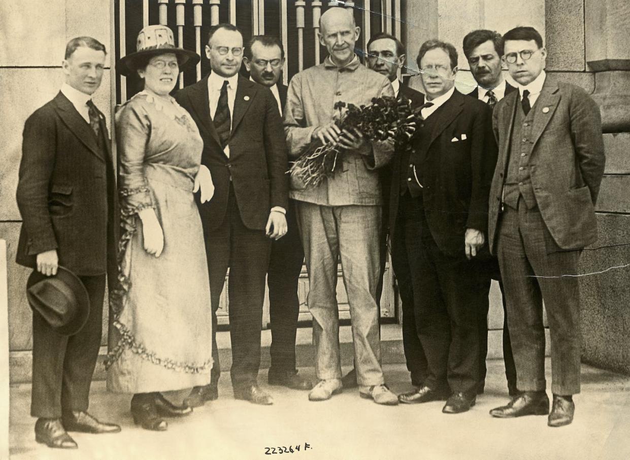 Eugene Debs, center, imprisoned at the Atlanta Federal Prison, was notified of his nomination for the presidency on the socialist ticket by a delegation of leading socialists who came from New York to Atlanta. <a href="https://www.gettyimages.com/detail/news-photo/for-the-first-time-in-history-a-candidate-for-president-has-news-photo/530858130?adppopup=true" rel="nofollow noopener" target="_blank" data-ylk="slk:George Rinhart/Corbis via Getty Images;elm:context_link;itc:0;sec:content-canvas" class="link ">George Rinhart/Corbis via Getty Images</a>