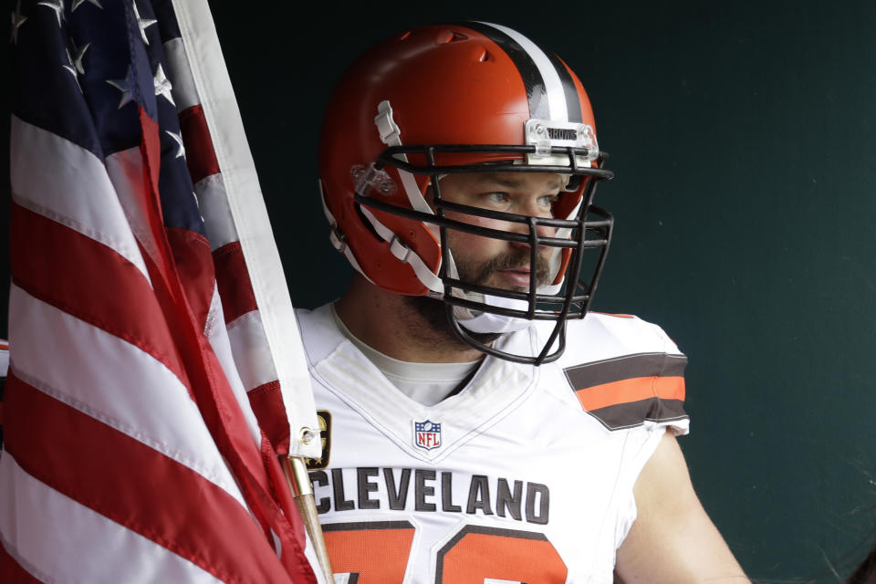 FILE - Cleveland Browns' Joe Thomas waits to enter the field before an NFL football game against the Philadelphia Eagles in Philadelphia, Sept. 11, 2016. Joe Thomas will be inducted into the Pro Football Hall of Fame on Saturday, Aug. 5, 2023. (AP Photo/Matt Rourke, File)