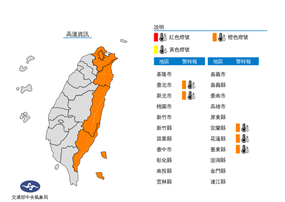 今(15)日中午前後台北市、新北市、宜蘭縣、臺東縣地區，花蓮縣縱谷為橙色燈號，有連續出現36度高溫的機率。   圖：中央氣象局/ 提供