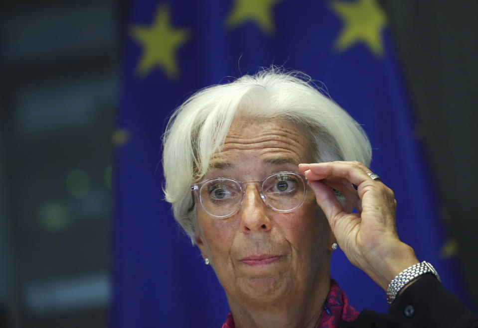 FILE - In this Wednesday, Sept. 4, 2019 file photo, incoming President of the European Central Bank Christine Lagarde speaks to the European Parliament's Economic and Monetary Affairs Committee in Brussels. Newly appointed European Central Bank head Christine Lagarde makes her first official assessment Thursday, Dec. 12, 2019 of the mixed bag that is the eurozone economy, which suffers from slowing manufacturing and global trade even as consumer spending helps prop up growth. (AP Photo/Francisco Seco, File)