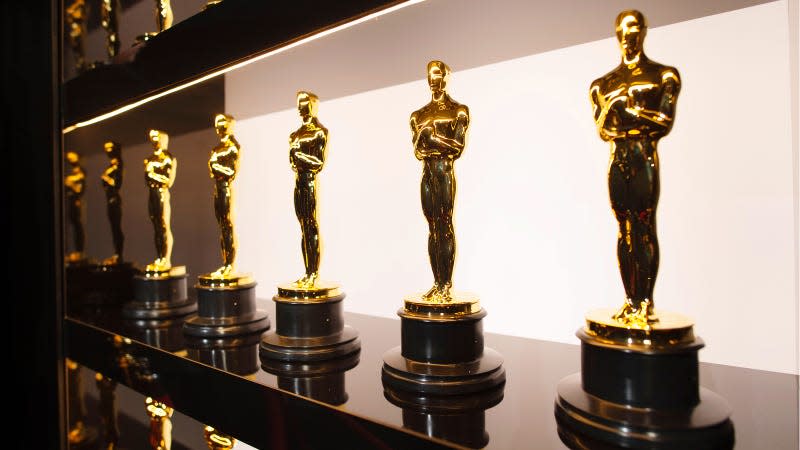 A row of Oscar statuettes backstage at the Academy Awards.