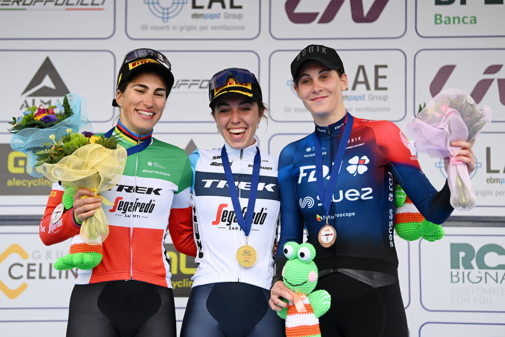  CITTIGLIO ITALY  MARCH 19 LR Elisa Balsamo of Italy and Team Trek  Segafredo on second place race winner Shirin Van Anrooij of The Netherlands and Team Trek  Segafredo and Vittoria Guazzini of Italy and Team FDJ  SUEZ on third place pose on the podium ceremony after the 24th Trofeo Alfredo BindaComune di Cittiglio 2023  Womens Elite a 139km one day race from Maccagno con Pino e Veddasca to Cittiglio  UCIWWT  on March 19 2023 in Cittiglio Italy Photo by Dario BelingheriGetty Images 