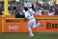 Detroit Tigers' Eric Haase reacts after an instant replay confirmed he had hit a grand slam against the San Diego Padres in the third inning of a baseball game, Monday, July 25, 2022, in Detroit. (AP Photo/Jose Juarez)