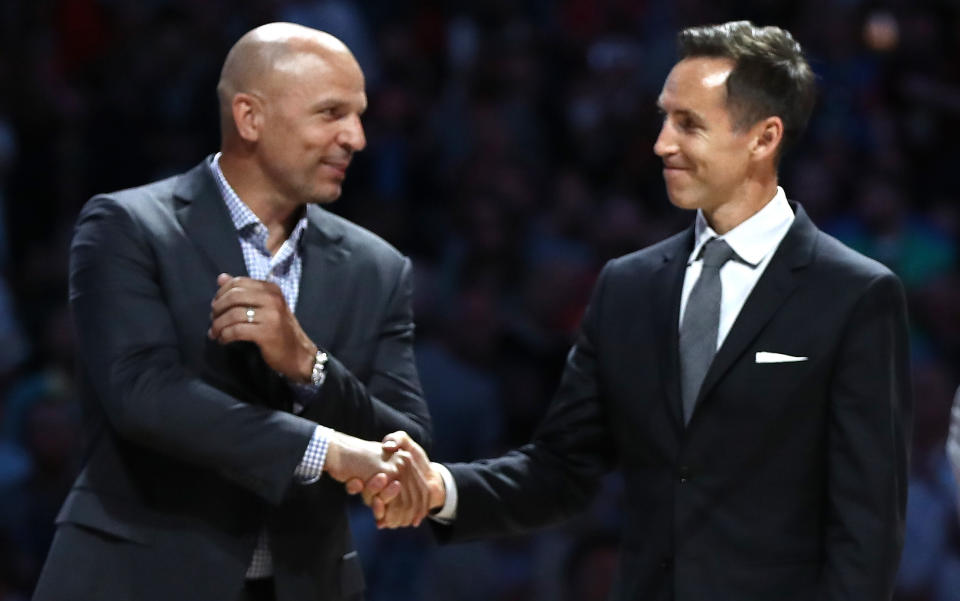 Jason Kidd and Steve Nash entered the Hall of Fame together in 2018. (Getty Images)