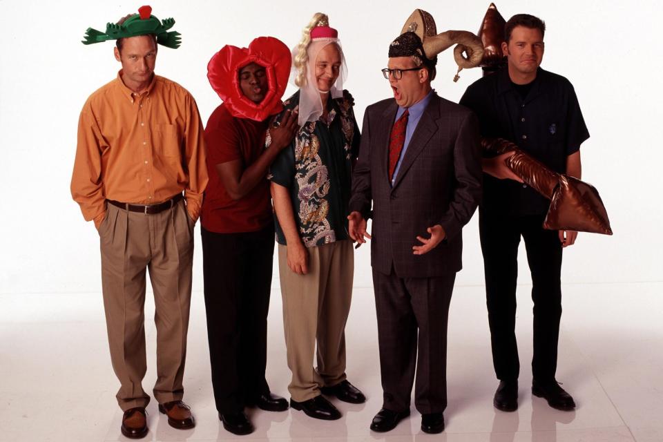 Editorial use only. No book cover usage. Mandatory Credit: Photo by Craig Sjodin/Hat Trick/Warner Brots Tv/Riverside/Kobal/Shutterstock (5878489a) Ryan Stiles, Wayne Brady, Colin Mochrie, Drew Carey, Brad Sherwood Whose Line Is It Anyway? - 1998 Hat Trick/Warner Brots TV/Riverside USA Television