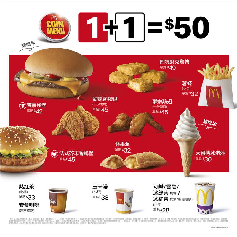 麥當勞「1+1=$50銅板輕鬆點」，紅區和白區各選一樣餐點只要50元。（圖／資料照）