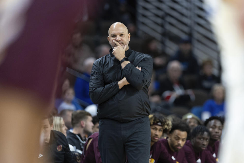 Central Michigan head coach Tony Barbee watches as his team plays against Creighton during the first half of an NCAA college basketball game Saturday, Dec. 9, 2023, in Omaha, Neb. (AP Photo/Rebecca S. Gratz)