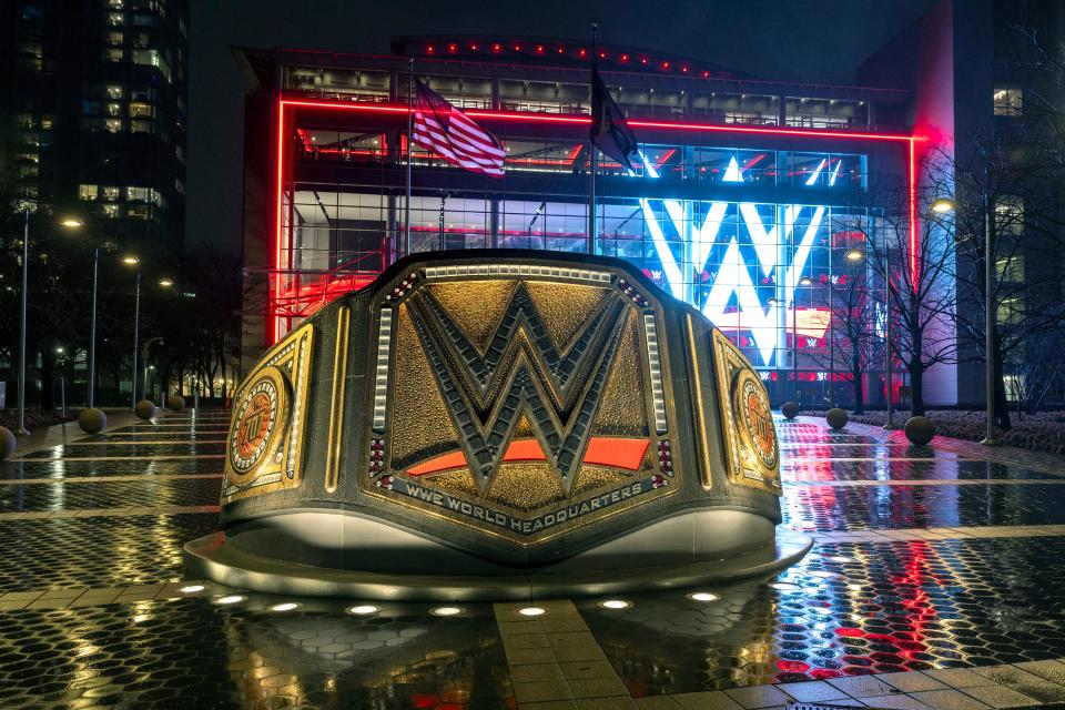 A sculpture of a wrestling belt stands in front of the WWE wrestling world headquarters on January 28, 2024 in Stamford, Connecticut.