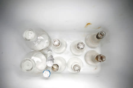 Glass laboratory bottles and tubes are seen in a bucket on the shore of the Red Sea, while Israeli researchers gather information as part of research work an Israeli team is conducting using sea squirts in the Israeli resort city of Eilat February 7, 2019. REUTERS/Amir Cohen