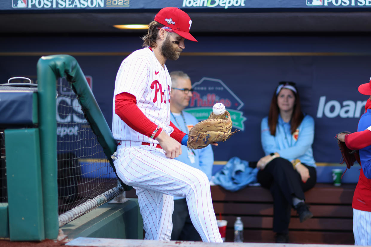 PHILADELPHIA, PA - OCTOBER 23: Bryce Harper #3 of the Philadelphia Phillies looks on prior to Game 6 of the NLCS between the Arizona Diamondbacks and the Philadelphia Phillies at Citizens Bank Park on Monday, October 23, 2023 in Philadelphia, Pennsylvania. (Photo by Rob Tringali/MLB Photos via Getty Images)