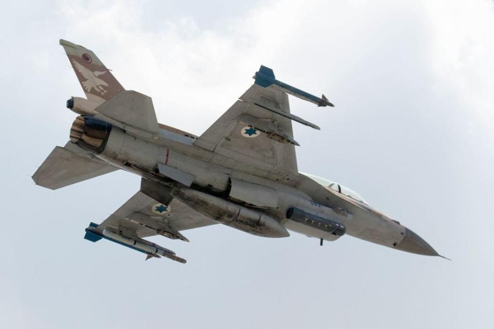 A photo taken on June 28, 2016 shows an Israeli Air Force F-16D fighter jet taking off at Ramat David Air Base, located in the Jezreel Valley, southeast of the Israeli port city of Haifa.