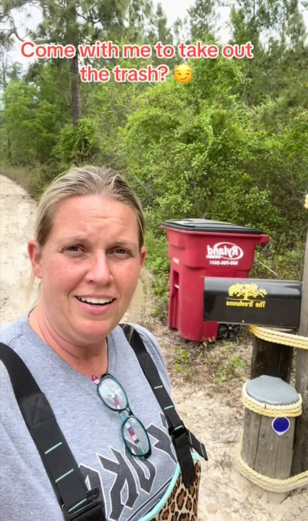 The trash can is also where she goes to pick up her mail. TikTok / @southernadventurehunter