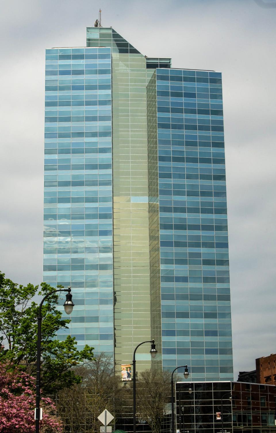 The Glass Tower rises 289 feet above Worcester. It matches the Skymark Tower as the city's tallest building.