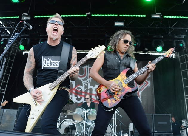 James Hetfield, Lars Ulrich and Kirk Hammett of Metallica perform during the 2013 Orion Music + More Festival on June 8, 2013 in Detroit, Michigan. (Photo by Theo Wargo/Getty Images)