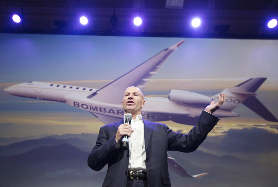 Alain Bellemare, president and chief executive officer of Bombardier Inc., speaks during a Global 7500 luxury jet launch event in Montreal, Quebec, Canada, on Thursday, Dec. 20, 2018. Bombardier Inc. is hoping that sales of the jet will help it make its goal of US$8.5 billion in annual revenues by 2020. Photographer: Christinne Muschi/Bloomberg via Getty Images