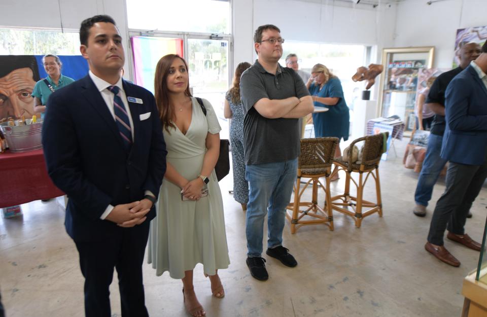 Democratic gubernatorial candidates Nikki Fried and Charlie Crist attend a debate Wednesday night, June 15, 2022 at The Box Gallery in West Palm Beach.