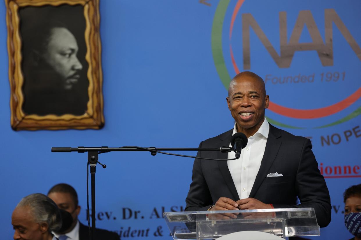 New York City Mayor Eric Adams speaks at the National Action Networks (NAN) headquarters during the annual Martin Luther King Day event in Harlem, New York on Monday, Jan. 17, 2022.