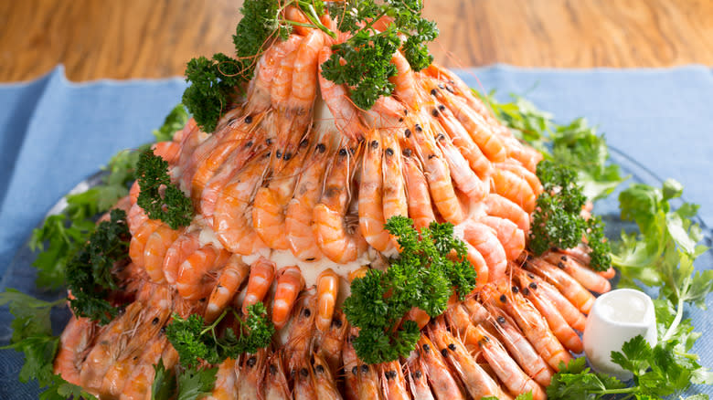 shrimp tower with greens