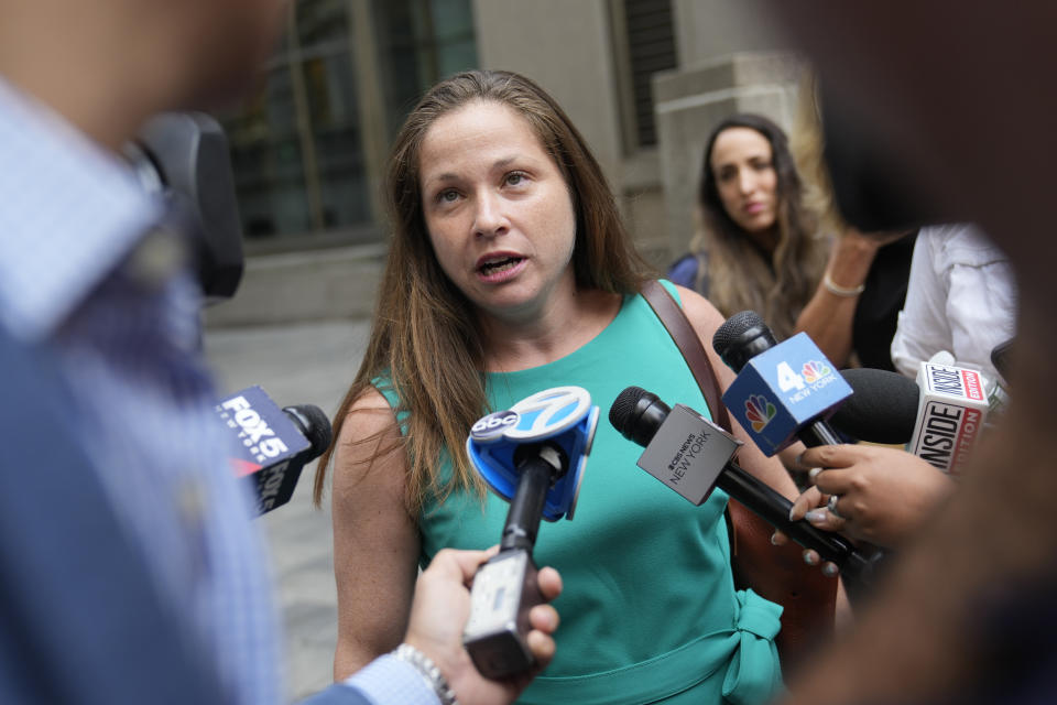 Sexual assault survivor Liz Hall speaks to members of the media after sentencing proceedings concluded for convicted sex offender Robert Hadden outside Federal Court, Tuesday, July 25, 2023, in New York. (AP Photo/John Minchillo)