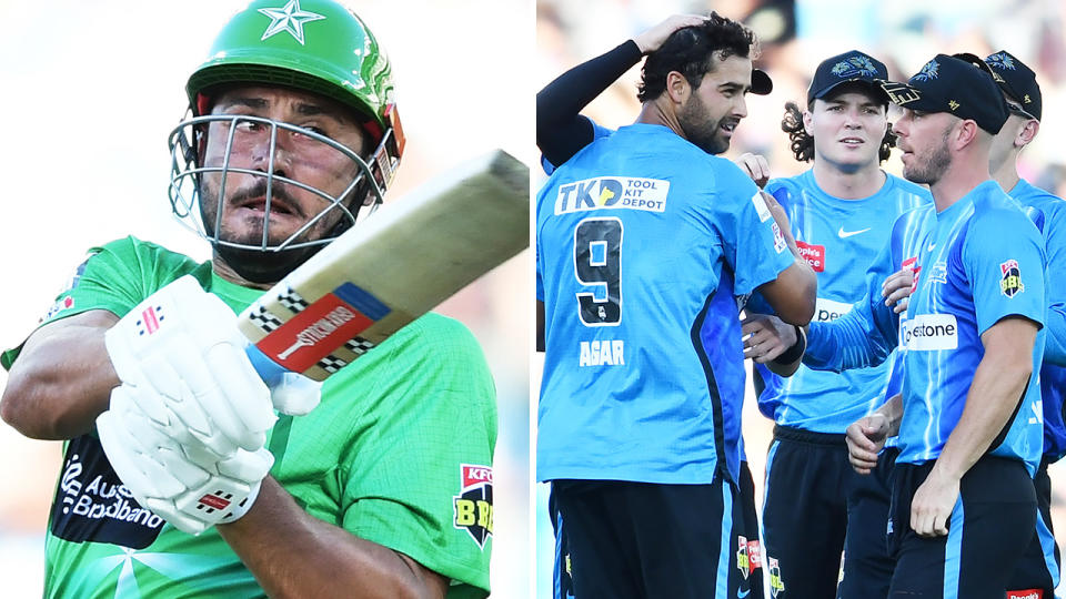 Marcus Stoinis plays a shot for the Melbourne Stars on the left, as the Adelaide Strikers gather on field on the right.