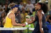 Serena Williams shakes hands with Elina Svitolina of Ukraine after losing. REUTERS/Kevin Lamarque