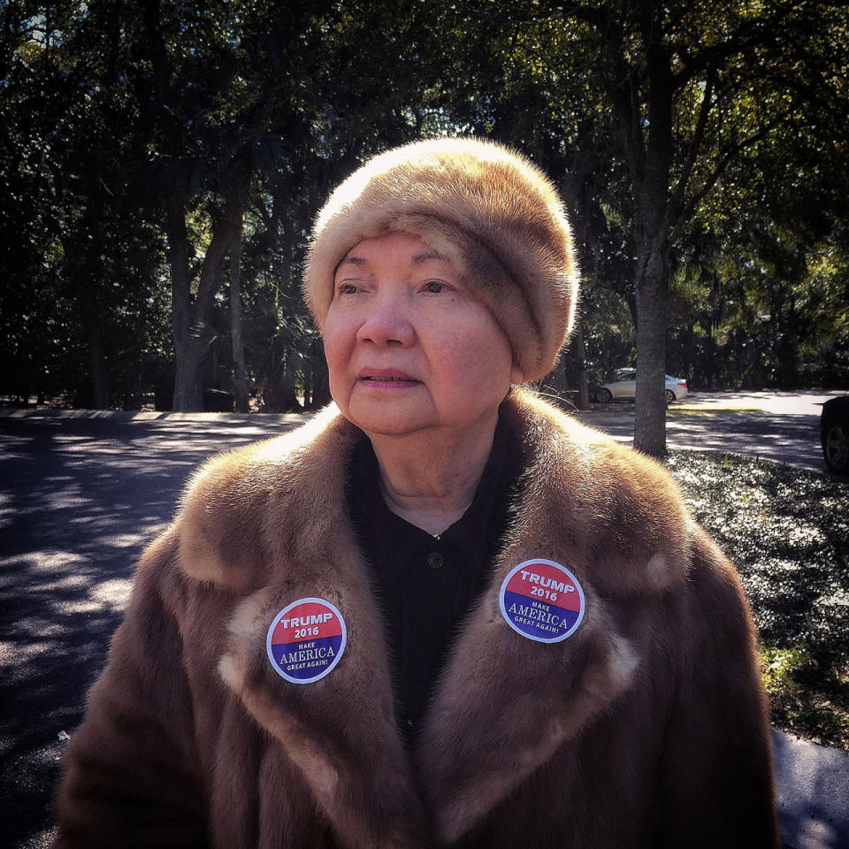 <p>A Trump supporter in fur outside a campaign event on Feb. 16 in Kiawah, S.C. (Photo: Holly Bailey/Yahoo News) </p>