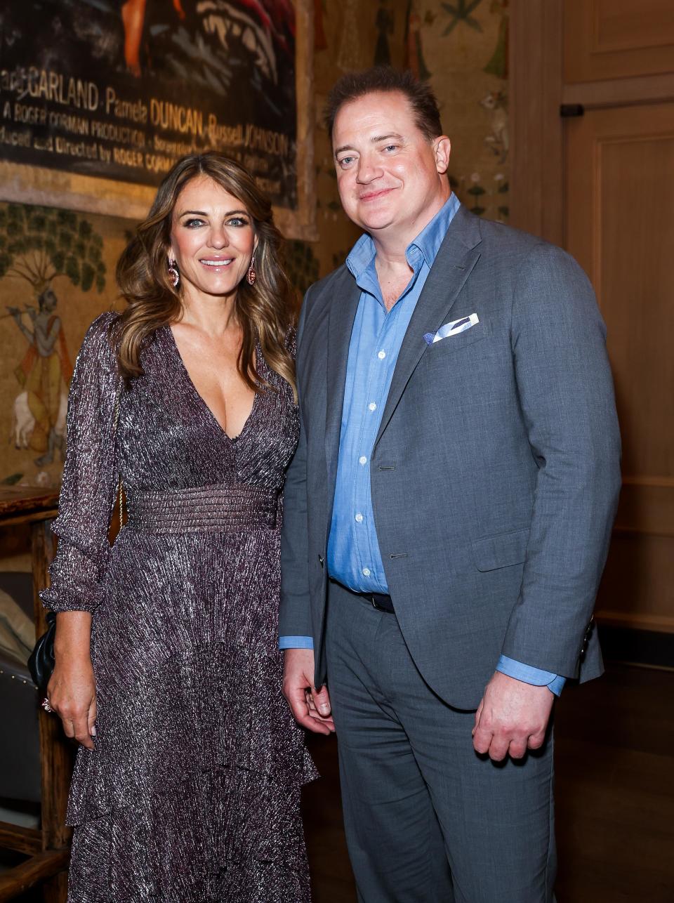 LONDON, ENGLAND - OCTOBER 10: In this image released on October 11th, Elizabeth Hurley and Brendan Fraser attend a special screening of "The Whale", at The Ham Yard Hotel in London, England. (Photo by David M. Benett/Dave Benett/Getty Images for A24)